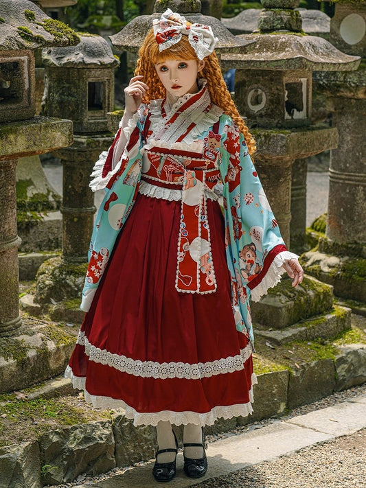 Wa Print + Bear Top Crossover Lace Dress Design Lolita Set Blue JSK Trimmed Red