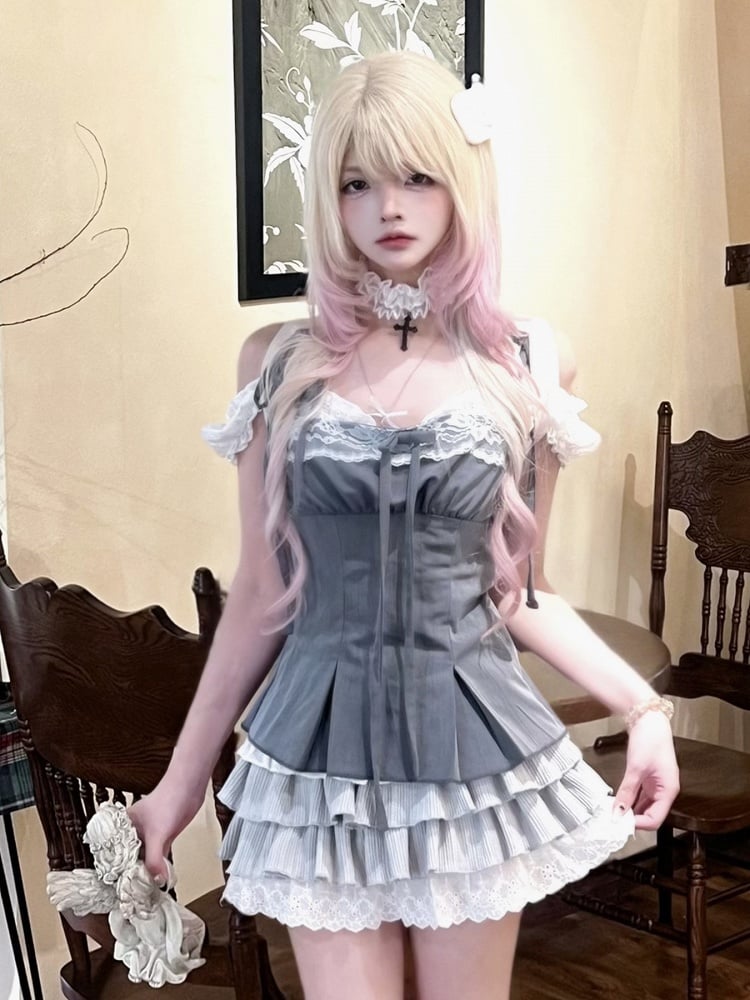 Cami Gray Lace-Trim Detail with Bow Top