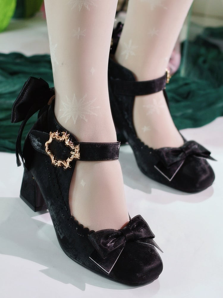Black with Bow Elegant Block Accented Heel Lolita High