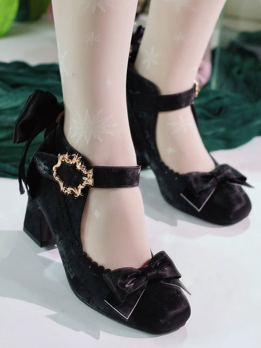 Black with Bow Elegant Block Accented Heel Lolita High