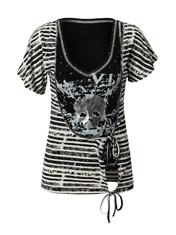 Black White Street Punk Two-Piece Set with Asymmetric Top and Skull Tank - NO ROMANCE