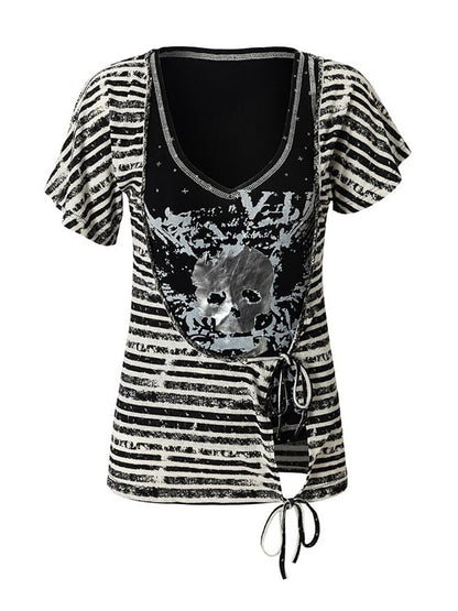 Black White Street Punk Two-Piece Set with Asymmetric Top and Skull Tank - NO ROMANCE