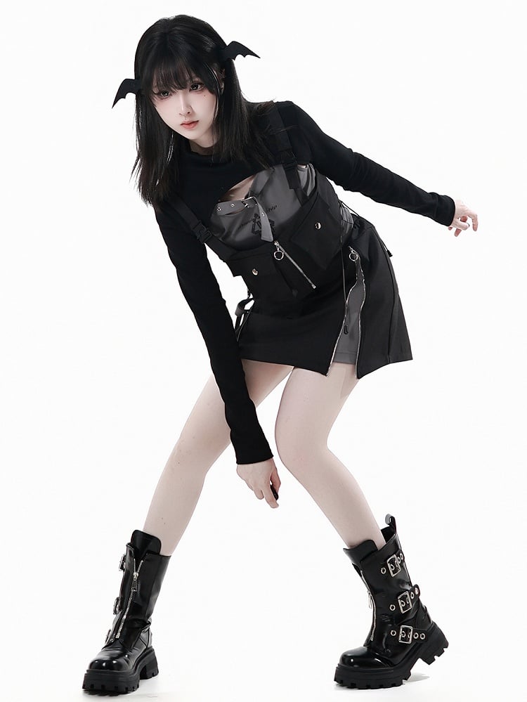 Buckle Strap Neckline Lace-up Side Gray Techwear Tank Top