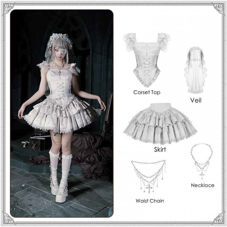 Skirt Set Short Veil Waist Corset - Silver Full Head Necklace Chain Lolita + Gothic Embroidered Top