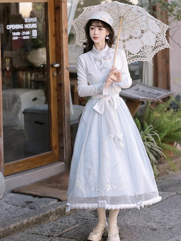 Embroidered Lolita Skirt Winter Set Snowman Blue White Coat Top Elegant + Knitted Castle