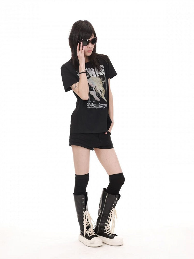 Genderless Punk Black Tee with Girl Rhinestone Print - DETW OnLine