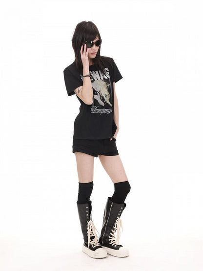 Genderless Punk Black Tee with Girl Rhinestone Print - DETW OnLine