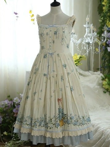 Sweet Lolita Style Summer JSK Dress with Lace & Blue Floral Print - Rock Candy Box