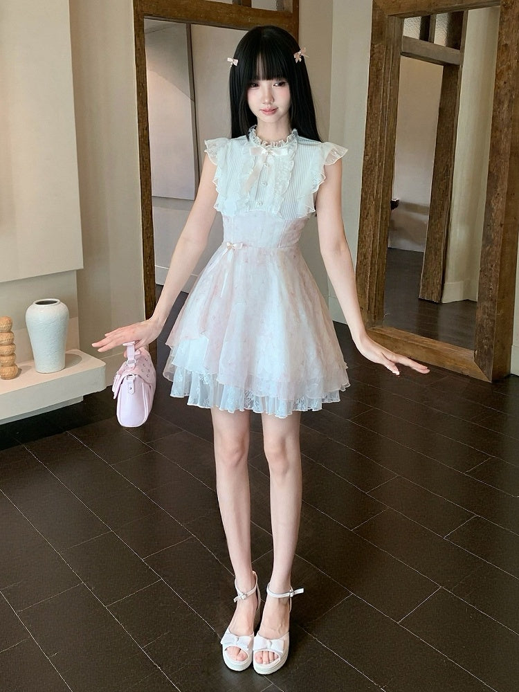 Pink & White Floral Seiso-kei Sleeveless Dress with Bow and Lace - LA LA JK