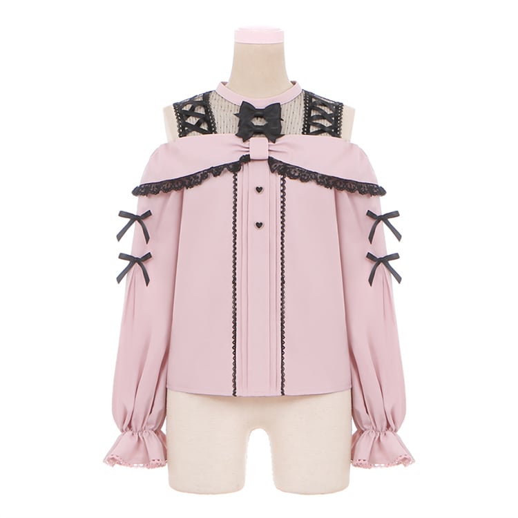 with Pink Bow Black Kei Open Blouse Shoulder Details Jirai Neckline Illusion