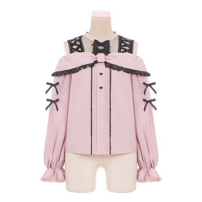 with Pink Bow Black Kei Open Blouse Shoulder Details Jirai Neckline Illusion