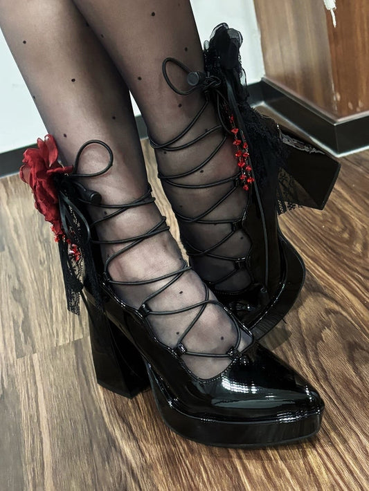 High PU Polished Black/Red Shoe Flower Janes Clips Block Heel Mary Gothic Black -