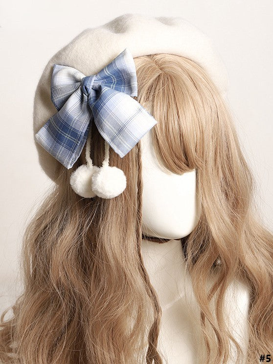 14 Color Options Plaid Bow Beret with Pom-Pom Accents