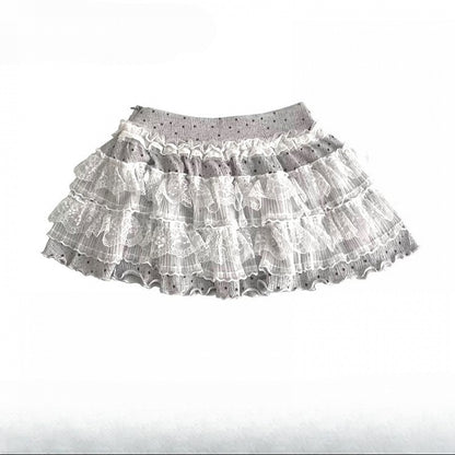 ドット柄パンツトリムY2K+レーススカートティアードカットビタースイート柄グレーワイドレッグ