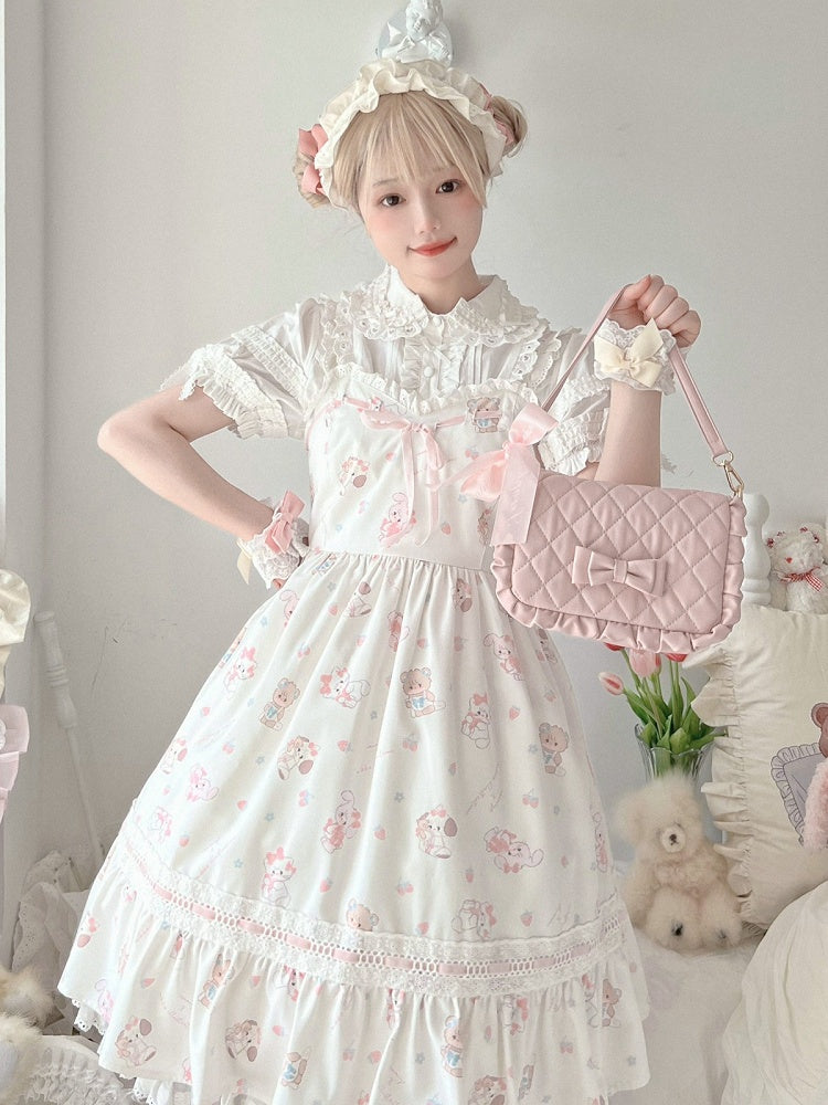 Light Pink Crossbody Lolita Bag with Diamond Pattern and Bows - Seraphim