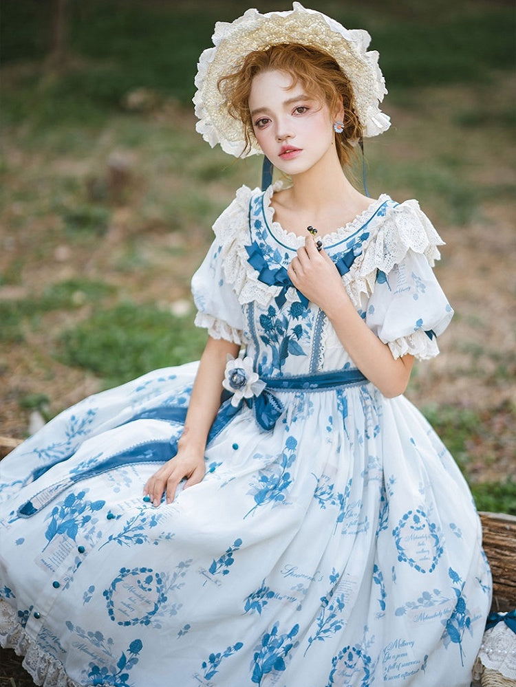Poetry‌ Print Blue and Sizes Classic Sash Dress Plus with Available Self-tie Elegant Mulberry Lolita