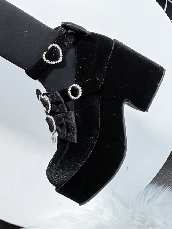 Jirai Kei Black Suede Platform Mary Janes | Dual Jacquard Lace Bows Top & Rhinestone Decor