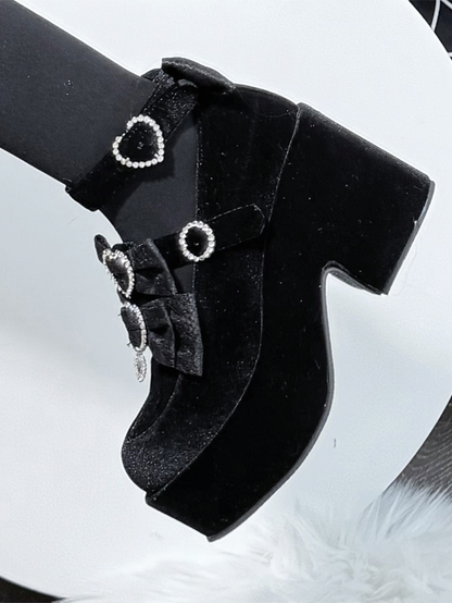 Jirai Kei Black Suede Platform Mary Janes | Dual Jacquard Lace Bows Top & Rhinestone Decor