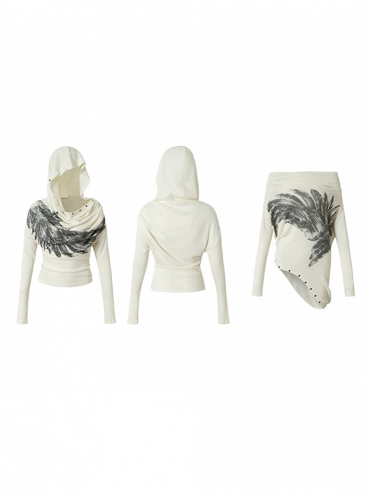Studded Hoodie Neck Beige Punk Wing Off-Shoulder Wasteland Cowl Convertible with Design Print