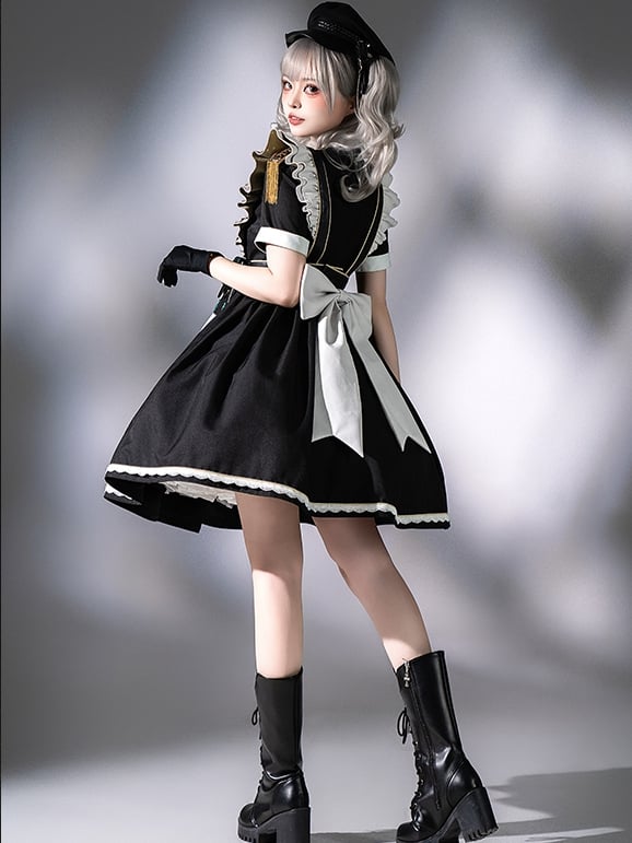 Kleid kurz Militär voller Lolita Flatterärmel und Dienstmädchen Schürze Set schwarz
