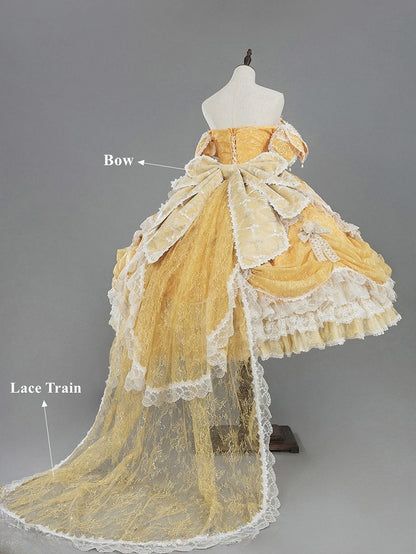 Hanayome Details Bow Yellow Layered Lace Gown and Ruffles Version with Short Lolita Hime Off-Shoulder
