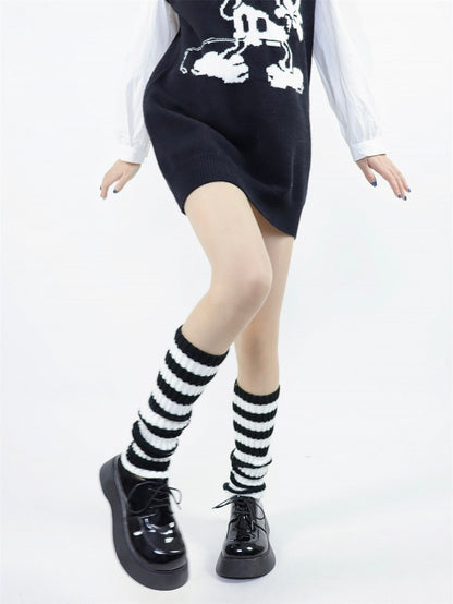 Leg Warmers cm and Black Retro 40 Striped Warm White Style Knit Mid-calf