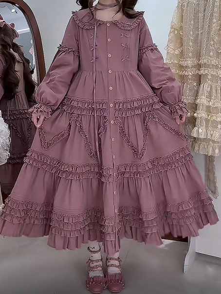 with Elegant Dress Purple Long Lolita Button-Front Tiered Sleeves Ruffle Detail