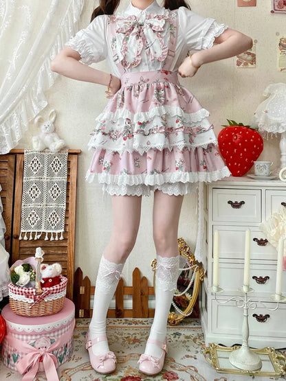 Skirt Sweet Overall Bunny Print Lolita Pink