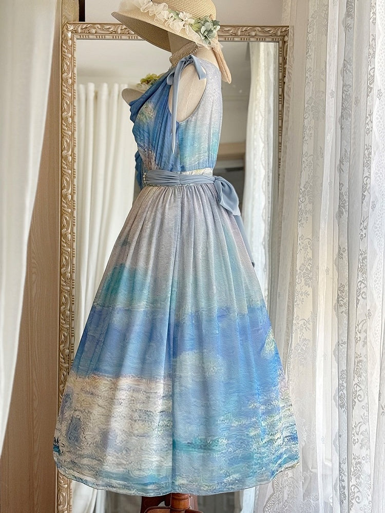 Blue Ocean Oil Painting Print Elegant Lolita Maxi Dress with Cowl Neckline and Tie Straps