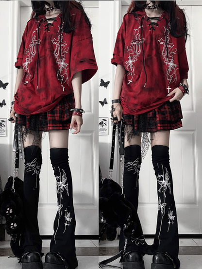 Hood Sleeve Tie-Dye Cross Hoodiewith Gothic PrintDevil Short Horn RedBlack