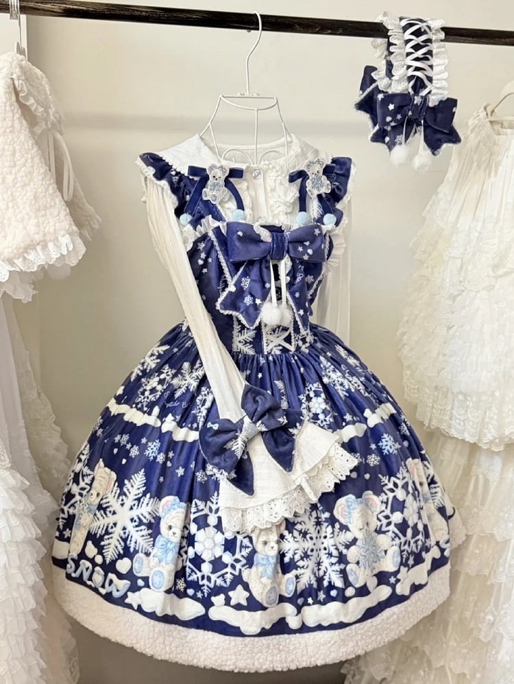 Teddy and Snowflake Print Dark Blue Winter Sweet Lolita Dress with Fleece Hemline
