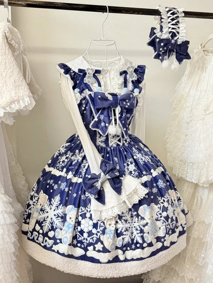 Teddy and Snowflake Print Dark Blue Winter Sweet Lolita Dress with Fleece Hemline