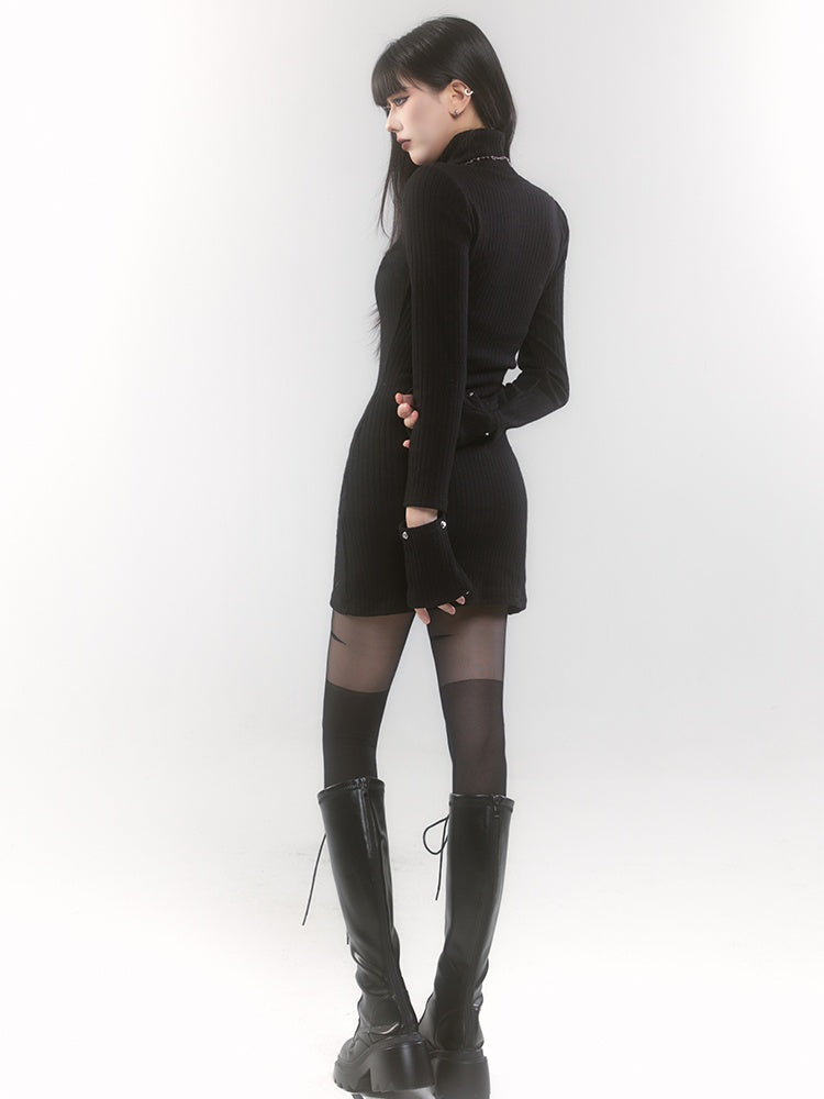 Black High Neck Cutout Shoulder Buckle Strap Thigh-length Knitted Dress