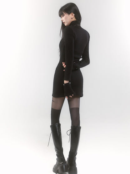 Black High Neck Cutout Shoulder Buckle Strap Thigh-length Knitted Dress