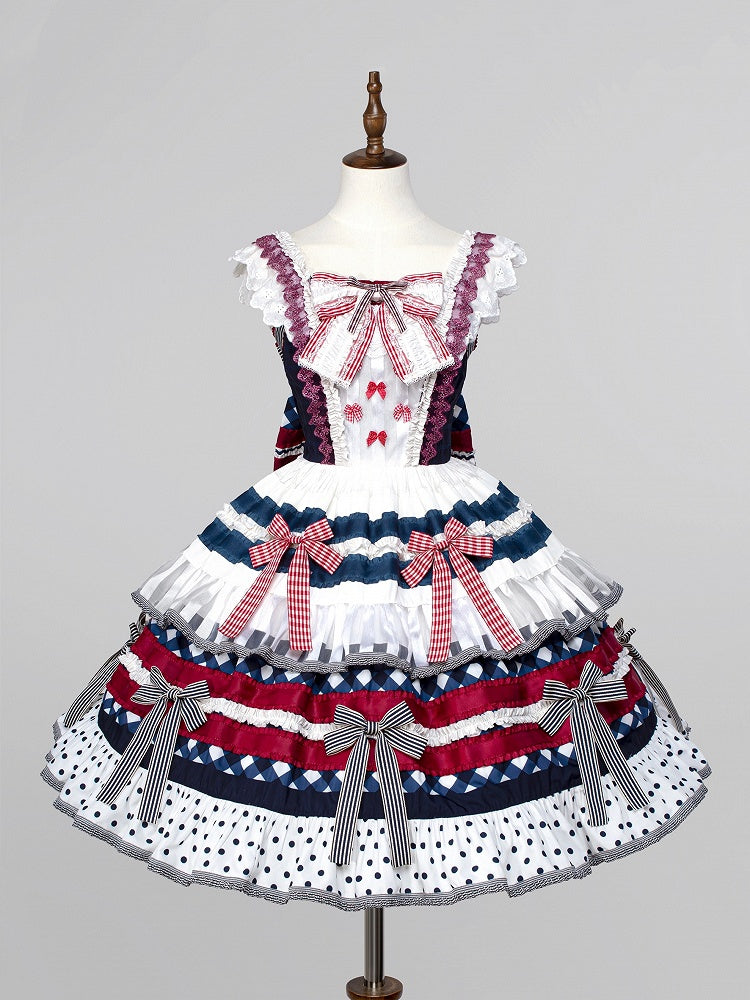Lolita Rote Schleife Kuchen Akzente Stufen und Blaues Kleid Dunkler Rock Blaubeere Süß