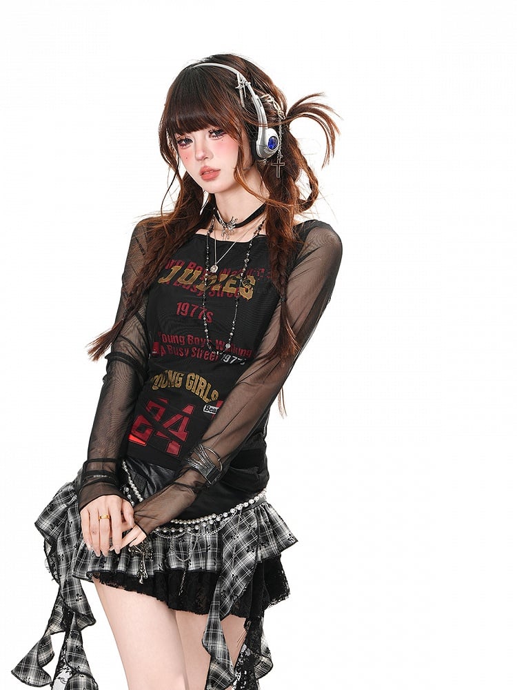 Black/White Number Glamorous Top with Mesh Overtop