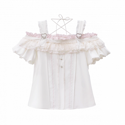 Top with Off-the-shoulder Jirai Kei Apricot Neckline and Pink Lace Trim
