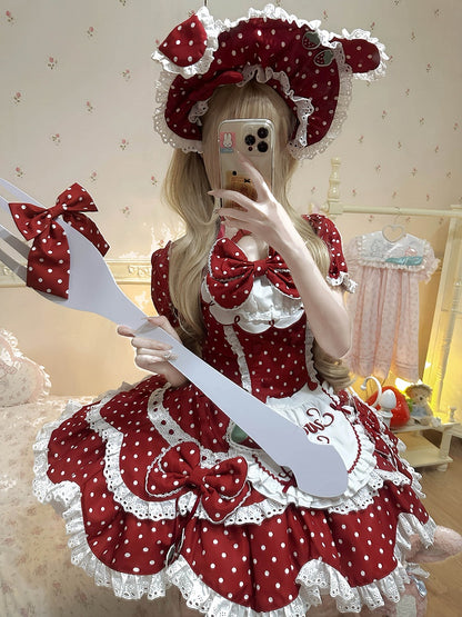 Lace Bow Dress Red Retro Details Dot Themed with Polka OP and Strawberry Lolita