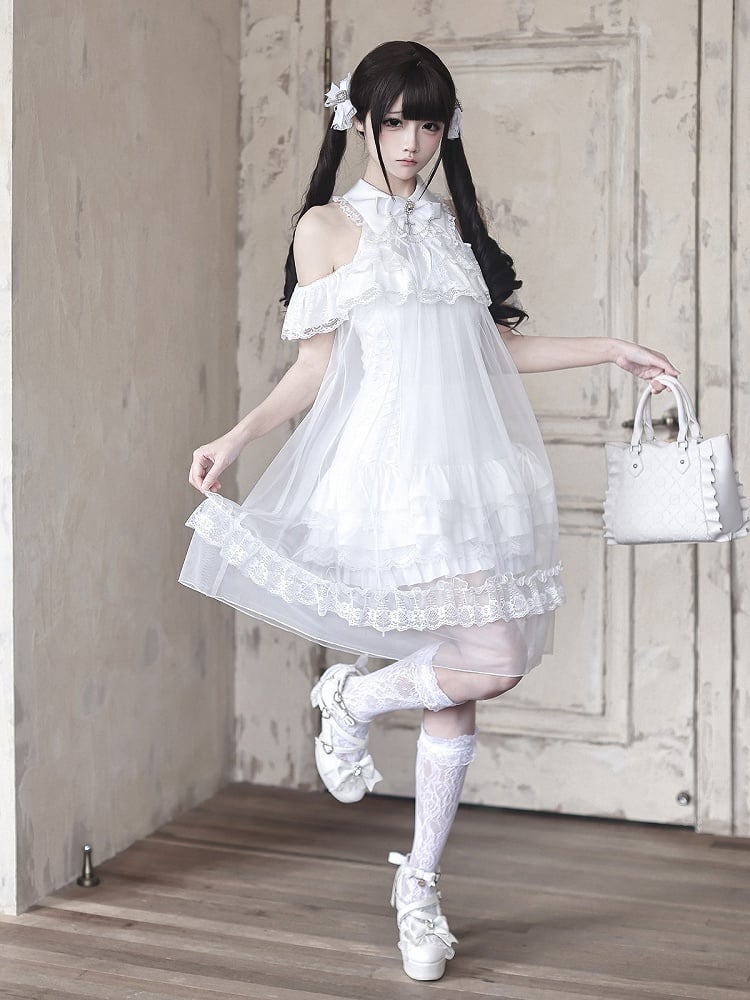 White Landmine Style Cutout Shoulder Dress with Sheer Overlay, Lace and Bow Tie - Ekomi