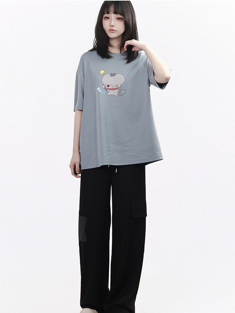 Gray Round Neck Short Sleeve Tee with Cartoon Mouse - PINK SAVIOR