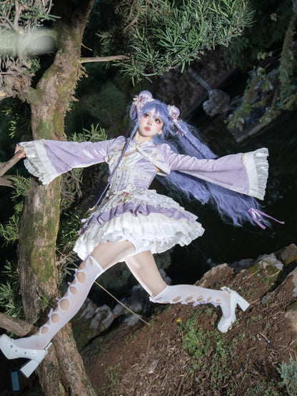 ウエストに大きなリボンが付いた紫色のコルセットウエストチーロリータドレス