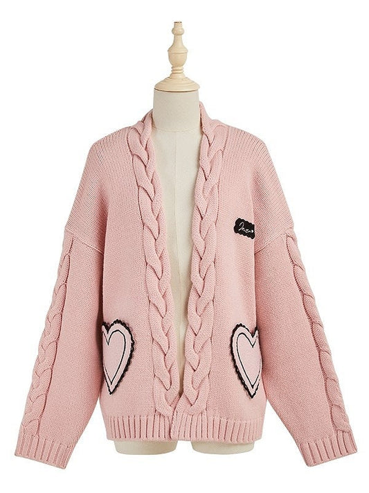 Heart-Shaped Pink and Knitted Cardigan Braided with Details Loita Patches
