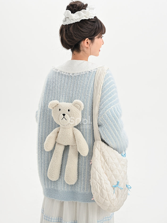 Cute Little Bear Plushie Adorned  Blue Striped Loose Cardigan