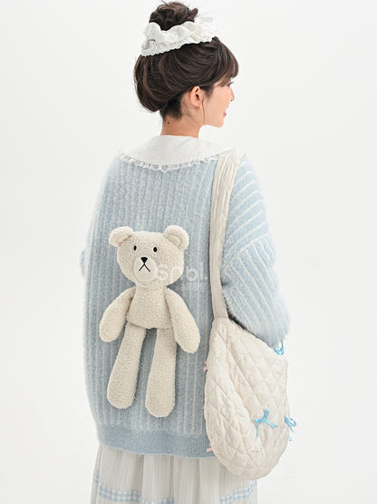 Cute Little Bear Plushie Adorned  Blue Striped Loose Cardigan