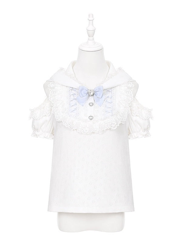 White & Light Blue Cutout Shoulder Bunny Ear Hooded Jacquard Knit Top with Lace and Bow Details - Puppet Bombs