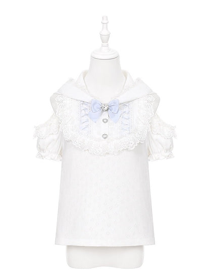 White & Light Blue Cutout Shoulder Bunny Ear Hooded Jacquard Knit Top with Lace and Bow Details - Puppet Bombs
