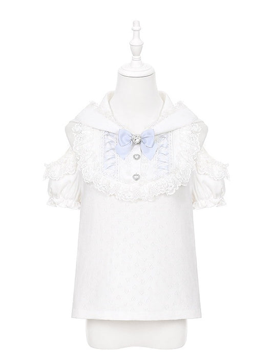 White & Light Blue Cutout Shoulder Bunny Ear Hooded Jacquard Knit Top with Lace and Bow Details - Puppet Bombs