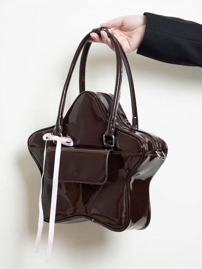 3-Way With Ribbon Bow Kawaii Glossy Black Star-Shaped Handbag