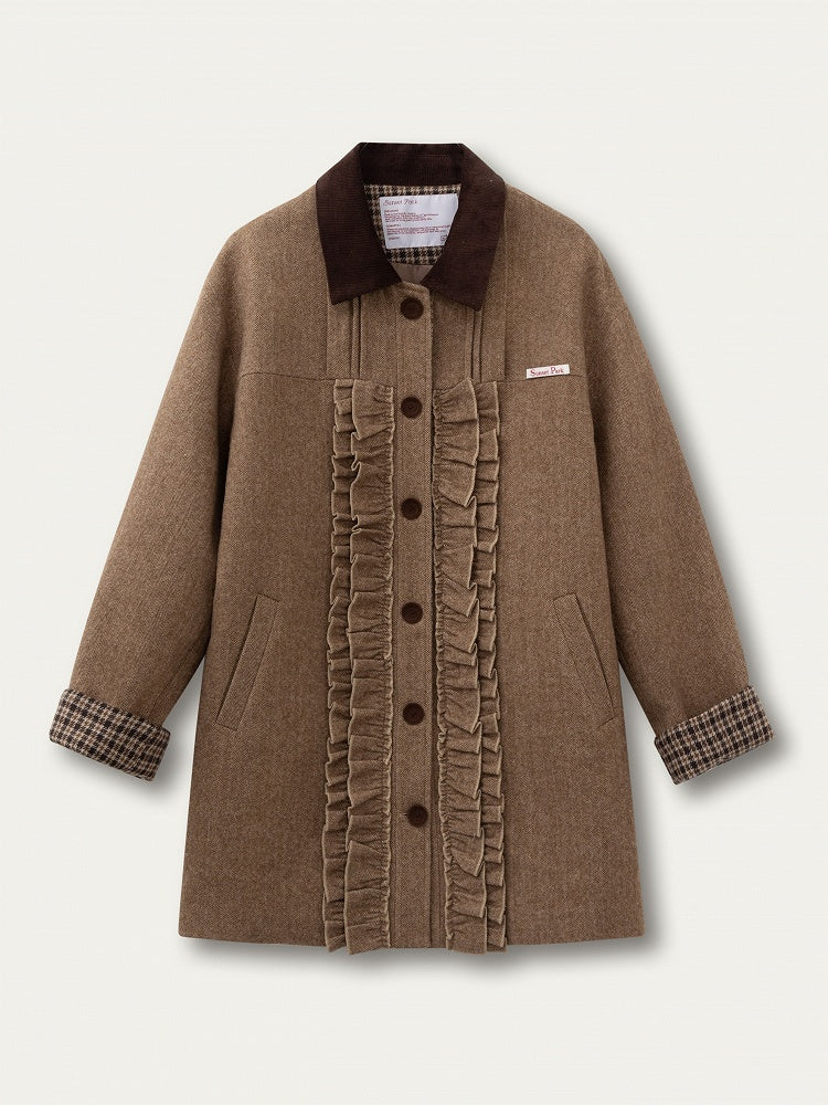 Brown Cuffs with Plaid Coat Sweet Details Ruched Houndstooth