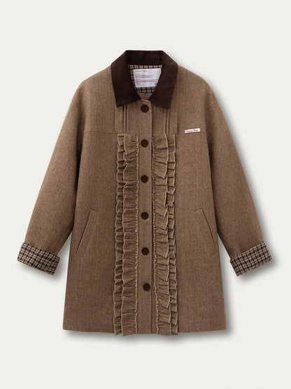 Brown Cuffs with Plaid Coat Sweet Details Ruched Houndstooth